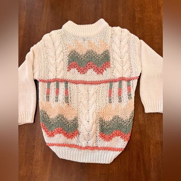 Vintage 90’s Y2K Hand Knit Cream Pink & Green Cabincore Cottagecore Sweater Sz M - Picture 4 of 7